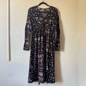 Xhilaration Floral Long Sleeve Tie Front Midi Dress Women’s Size L